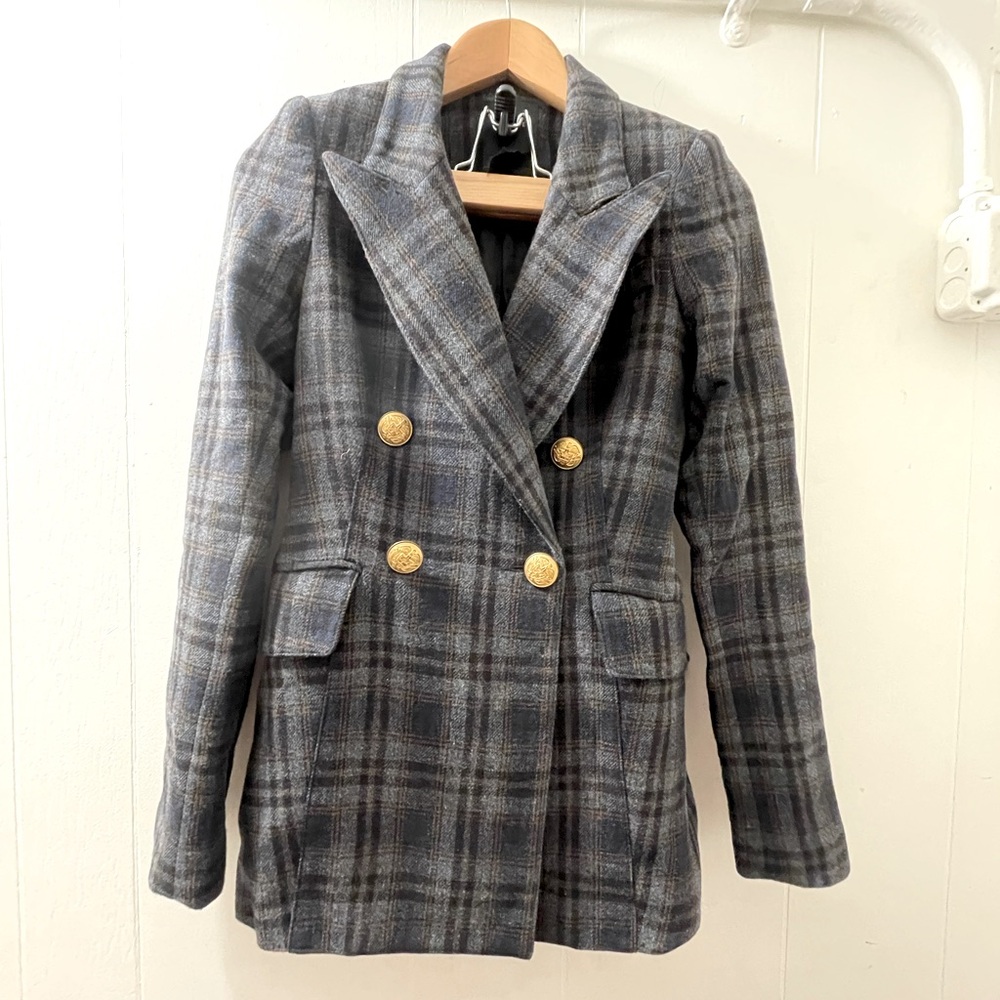 Smythe blazer. In a blue and gray plaid color.